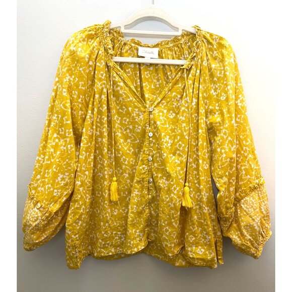 Cleobella Yellow & White Floral Boho Blouse With Tassels & Balloon Sleeves XL - Picture 1 of 9